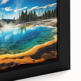 Extra large framed canvas depicting a textured, colorful Yellowstone scenery, ideal for living room decor.