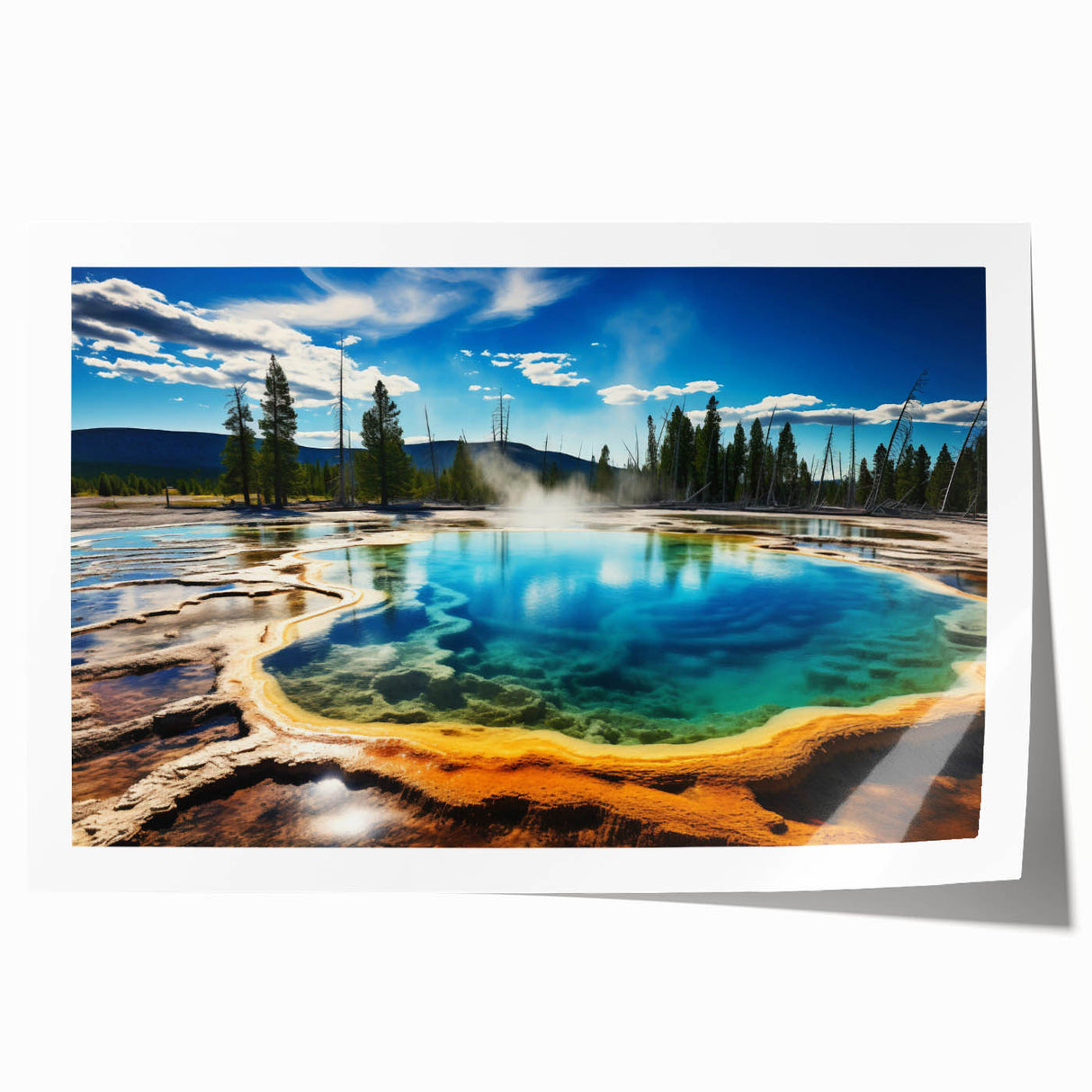 Yellowstone National Park scenery on rolled print, featuring lush greenery and waterfalls, in cool earthy tones.