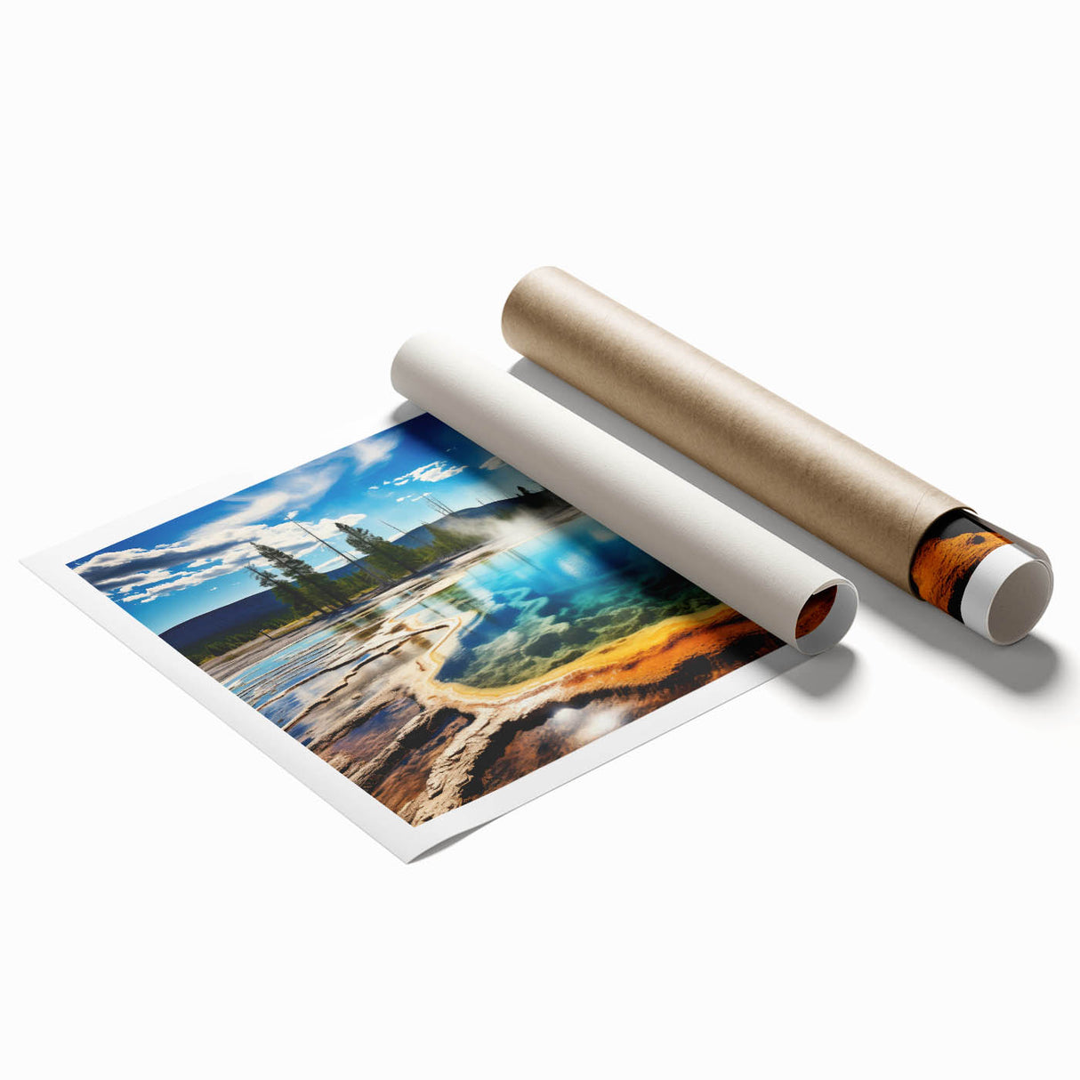 Yellowstone National Park scenery on a large rolled canvas print featuring vibrant green and blue tones.