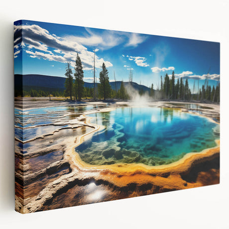 Yellowstone National Park scenery on large stretched canvas, featuring vivid green and blue tones.