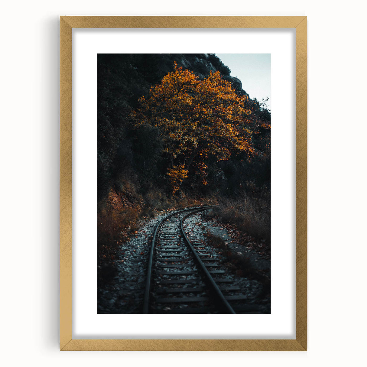 Extra large abstract art print featuring textured autumn hues in a gold frame, ideal for living room decor.