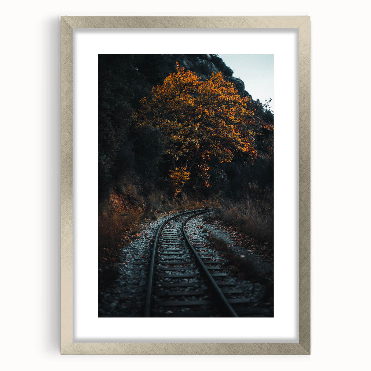 Textured abstract art print depicting fall colors in orange and brown on a silver-framed canvas, suitable for bedroom decor.