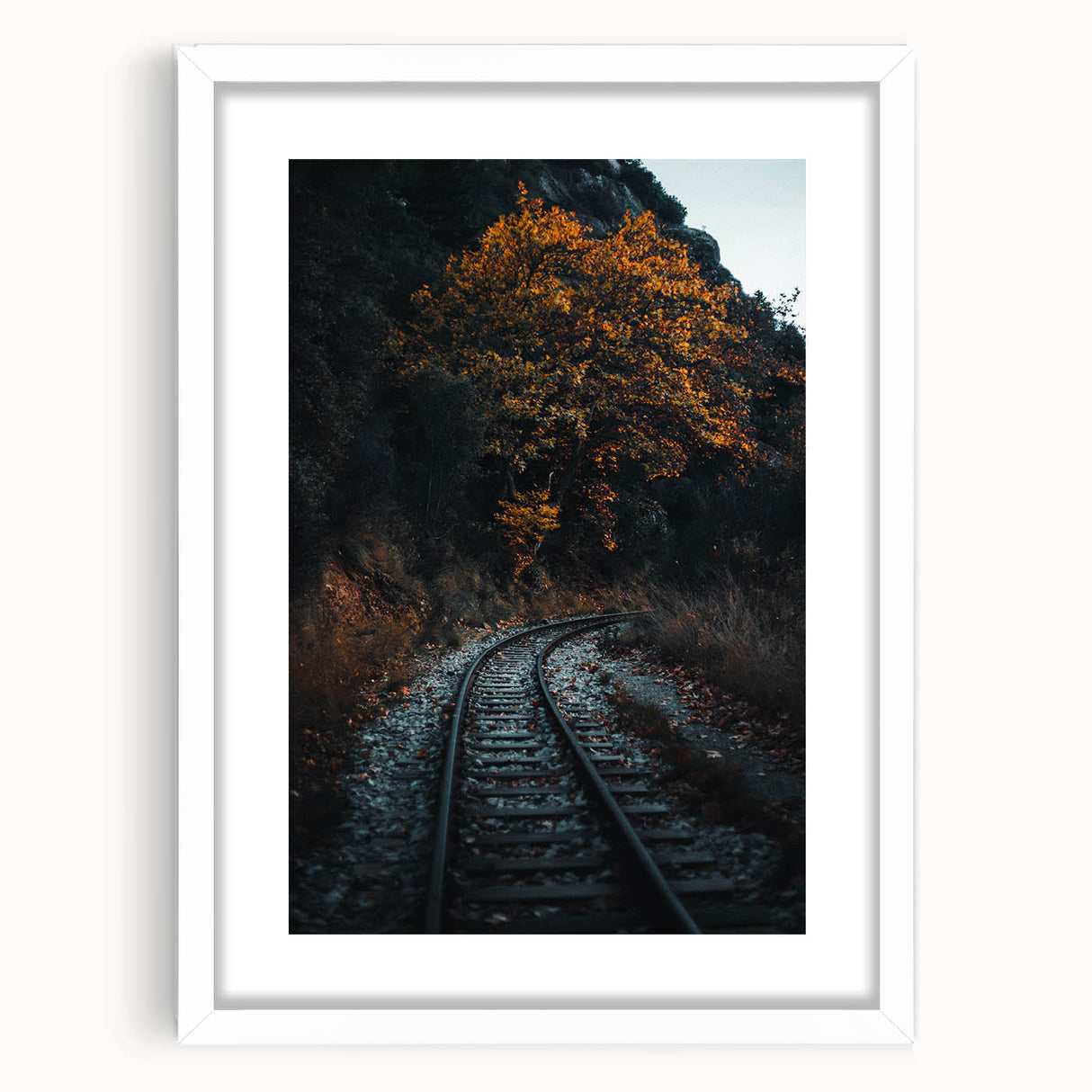 Abstract art print featuring warm autumnal hues on a white framed canvas, ideal for dining room or bedroom decor.