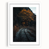 Abstract art print featuring warm autumnal hues on a white framed canvas, ideal for dining room or bedroom decor.