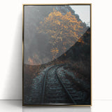 Large art print of a mid-century modernist autumn scene in gold and orange tones on framed acrylic.