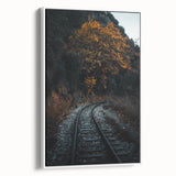 Vintage poster art of an autumnal scene on a framed canvas, featuring vibrant orange and red tones.