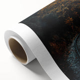 Art deco poster featuring a serene fall landscape with muted orange and brown tones on a rolled canvas.