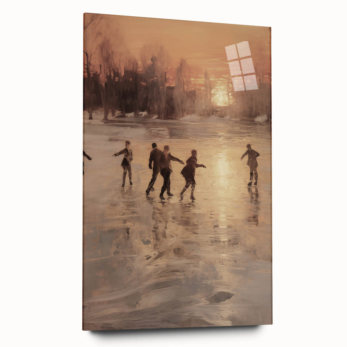 Large abstract wall art on acrylic glass depicting winter season in muted blue and white tones.
