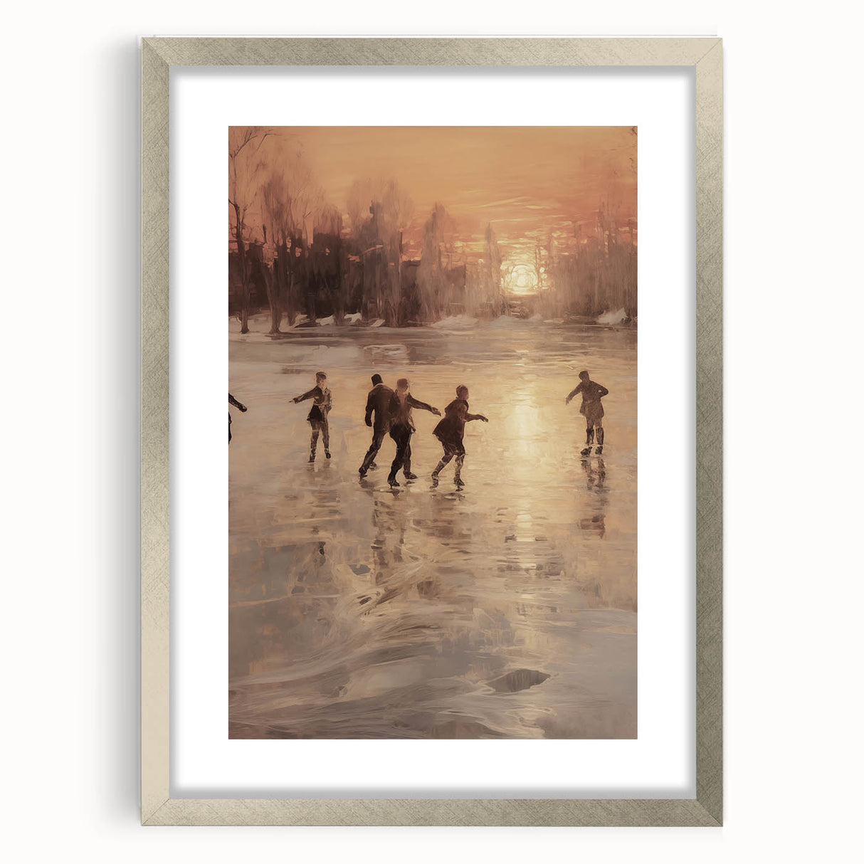 Textured art print depicting abstract winter scene in muted blue and white tones, framed in silver, ideal for bedroom art.