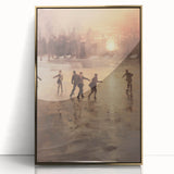 Mid-century modernist winter scene on large acrylic print with gold frame, featuring soft blue and white tones.