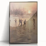 Mid-century modernist art depicting a winter scene in muted blue and silver tones on a framed acrylic print.
