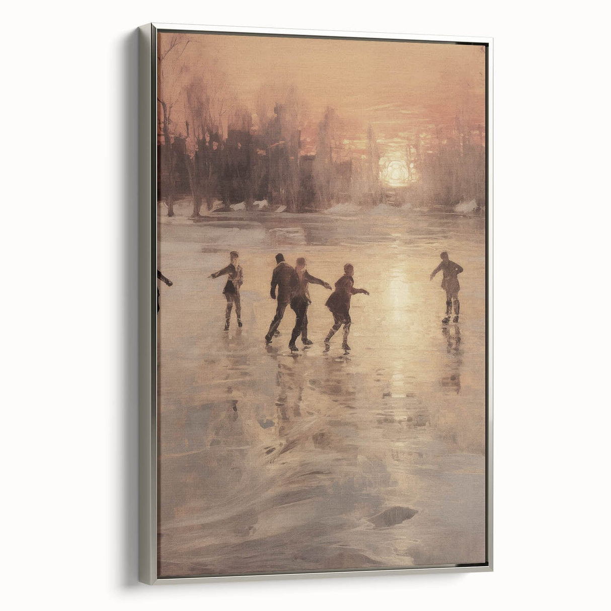 Winter landscape art painting on framed canvas, featuring muted blue and white tones, ideal for living room decor.