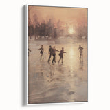 Vintage poster art depicting a winter scene on framed canvas, with muted white and gray tones.