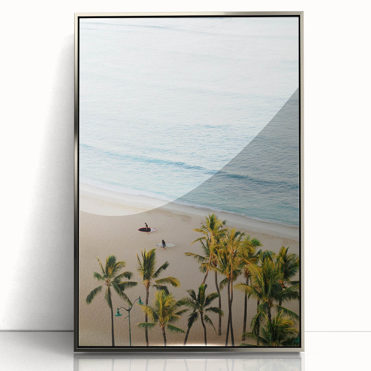 Mid-century modernist art depicting abstract shapes in vibrant oranges and blues on a silver-framed acrylic print.