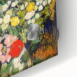 Large abstract wall art on acrylic glass featuring swirling blue and yellow patterns, ideal for dining room decor.