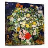 Large abstract wall art on acrylic glass depicting dynamic swirls in blue and yellow tones.