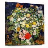 Large abstract wall art on acrylic glass depicting swirling blue and yellow patterns.