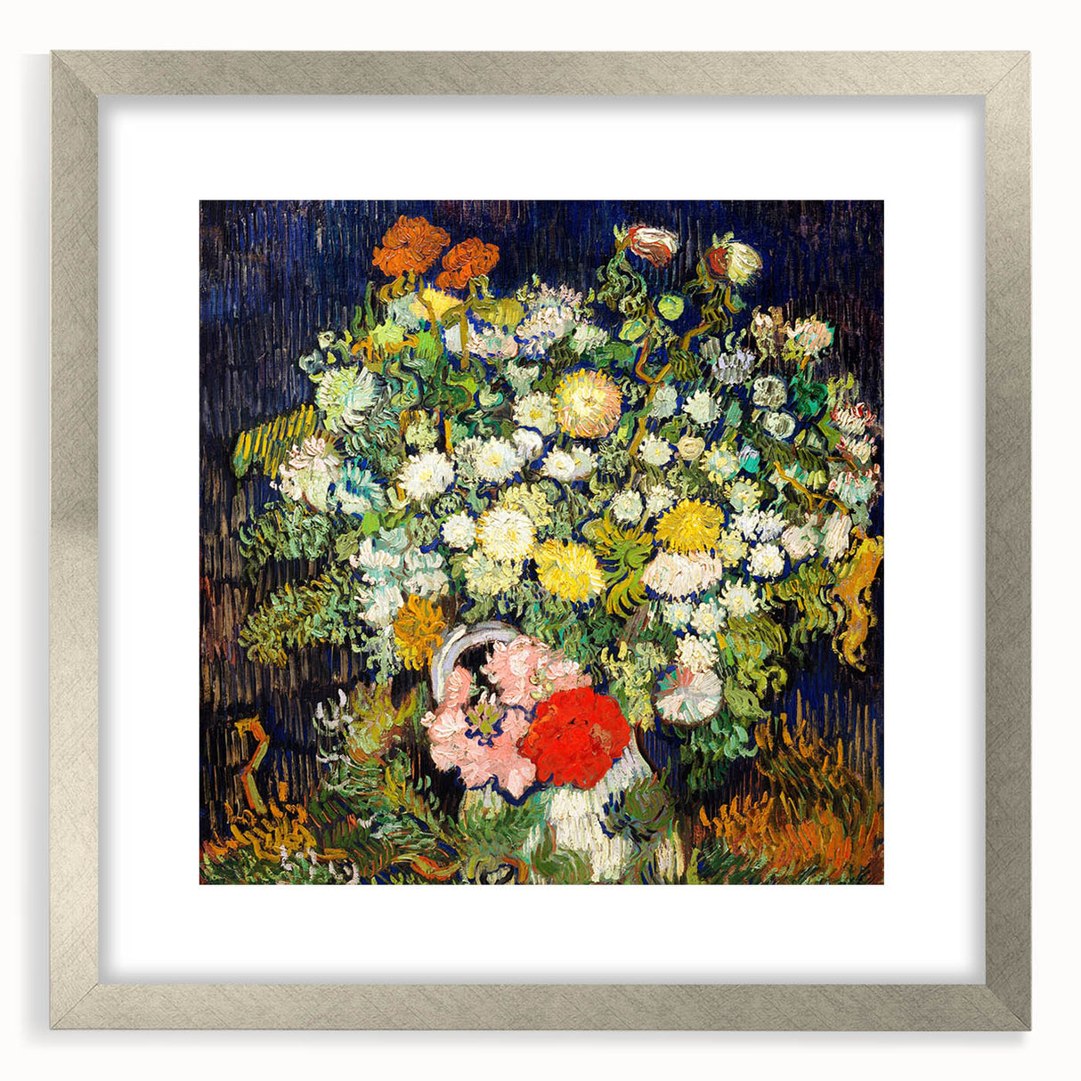 Extra large abstract art print featuring a textured depiction of a swirling sky in blue and yellow tones, framed in silver.