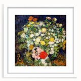 Abstract art print of swirling blue and yellow patterns on a white framed canvas, suitable for bedroom or dining room decor.