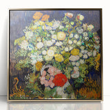 Large art print of a Van Gogh-inspired scene on acrylic, framed in gold, featuring vibrant blue and yellow tones.