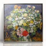 Mid-century modernist art of abstract shapes in pastel shades on a silver-framed acrylic, ideal for nursery wall art.