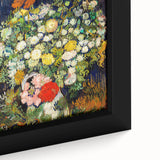 Close-up of a textured, extra-large framed canvas featuring a colorful, abstract design with black accents.