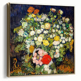 Vintage poster art of a landscape painting in muted silver and gold hues on a framed canvas, suitable for bedroom decor.