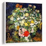 Vintage poster art of Van Gogh in a white frame, featuring vibrant colors on black background.