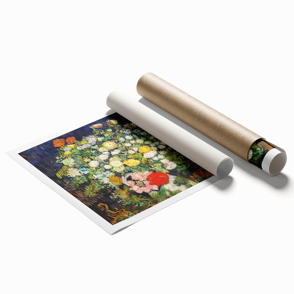 Extra large rolled canvas print of Van Gogh-style sunflowers in vibrant yellows and greens.