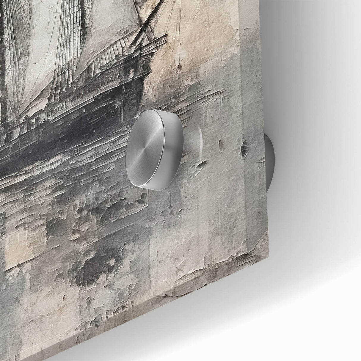 Large abstract wall art featuring a close-up view of a ship on acrylic glass, with neutral and blue tones.