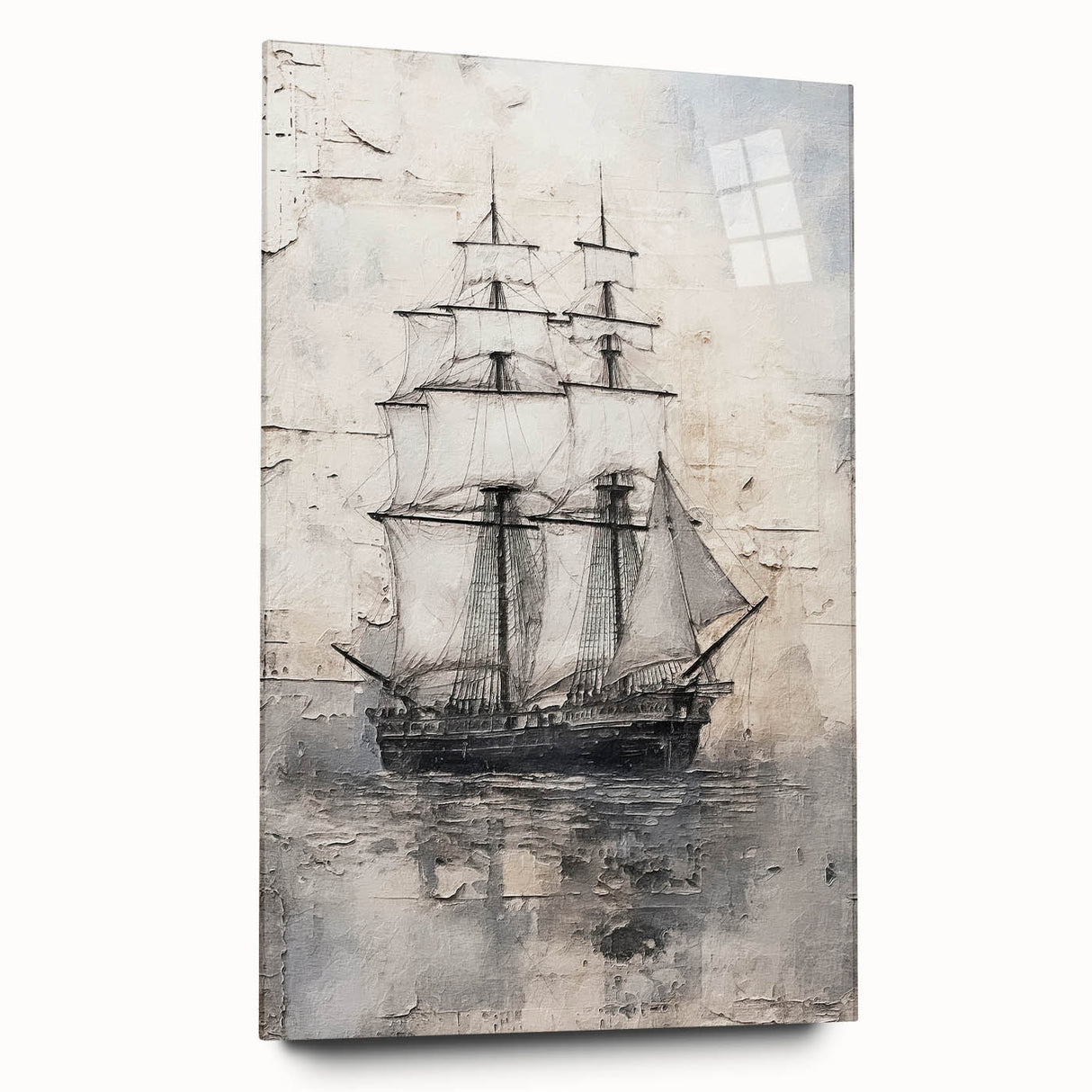 Large abstract wall art of a ship, in mid-century modernist style, with muted blue and gray tones on acrylic glass.
