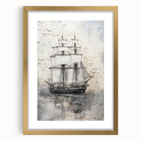 Extra large abstract art print of a textured ship, in gold and blue tones on a framed canvas, ideal for living room decor.