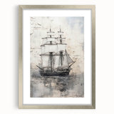 Textured abstract art print of a boat on stormy seas in muted gray and blue tones, displayed in a silver frame.