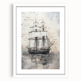 Abstract art print of a stylized ship in monochrome shades, framed with a white mat, suitable for dining room decor.