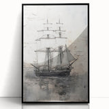 Large abstract wall art depicting a stylized ship in black and white tones on a framed acrylic.