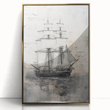 Mid-century modernist style large art print of a golden ship on a framed acrylic, ideal for modern art wall decor.