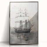 Mid-century modernist art of a silver ship on acrylic print, with muted gray tones, suitable for nursery wall art.