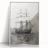 Art deco poster of a stylized ship in black and white tones on a framed acrylic, suitable for modern art wall decor.