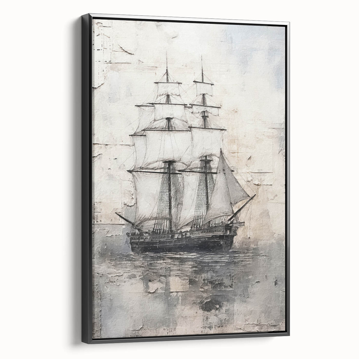 Black and white framed canvas depicting a vintage side view of a ship, suitable for bedroom wall decor.
