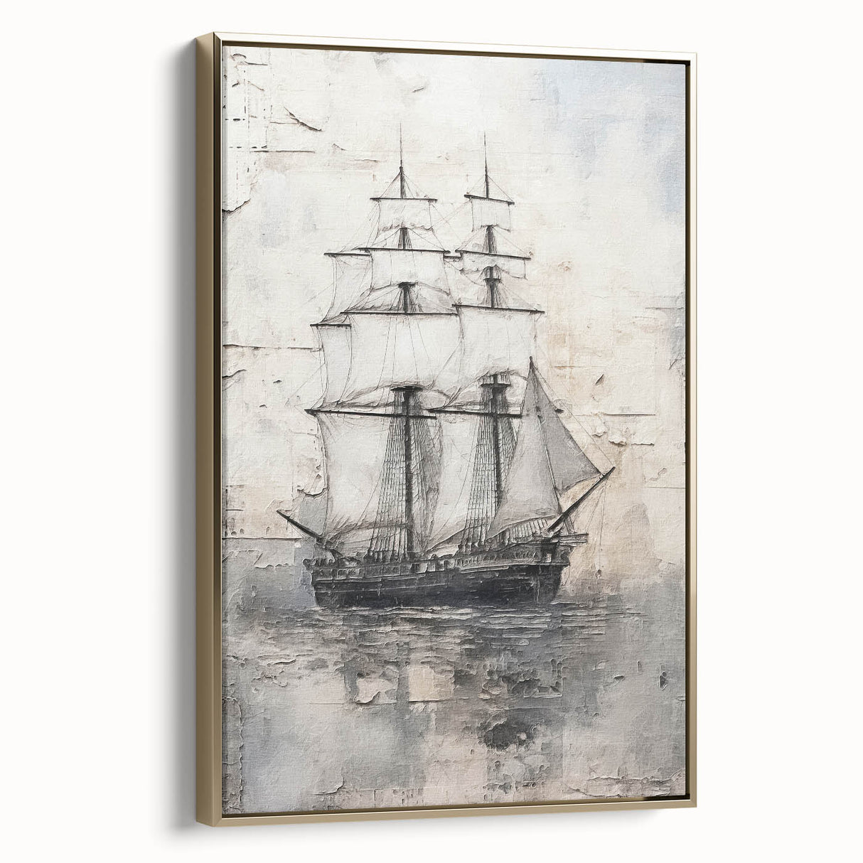 Gold-framed canvas of a vintage ship, in black and gold tones, ideal for bedroom wall art.