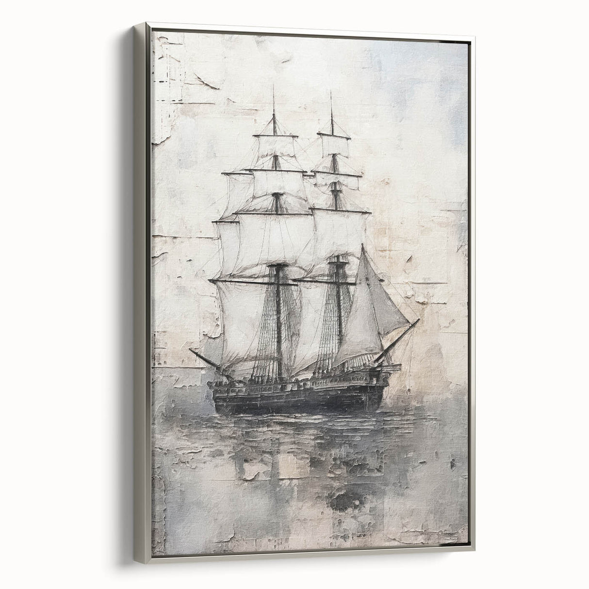 Framed canvas featuring a vintage-style landscape with a silver ship, set against a black and colorful background.