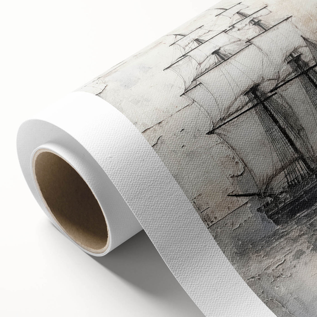 Art Deco style poster depicting a vintage ship, rendered in soft blue and white tones.