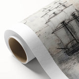 Art Deco style poster depicting a vintage ship, rendered in soft blue and white tones.