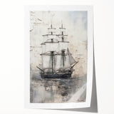 Extra large rolled print featuring a detailed ship illustration in muted blue tones, ideal for art wall dining room.