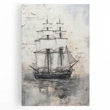 Black and white stretched canvas featuring a large ship, ideal for kitchen wall art.