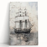 Black and white photo of a vintage ship on stretched canvas, suitable as kitchen wall art or bedroom decor.
