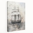 Side view of a ship in muted blue and white tones on a large stretched canvas, suitable for kitchen wall art.