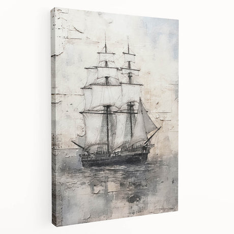 Side view of a ship in muted blue and white tones on a large stretched canvas, suitable for kitchen wall art.