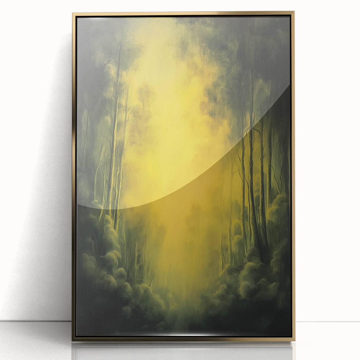 Framed abstract floral artwork featuring vibrant gold and soft pastel colors, elegantly displayed with a sleek acrylic front, perfect for modern home decor.