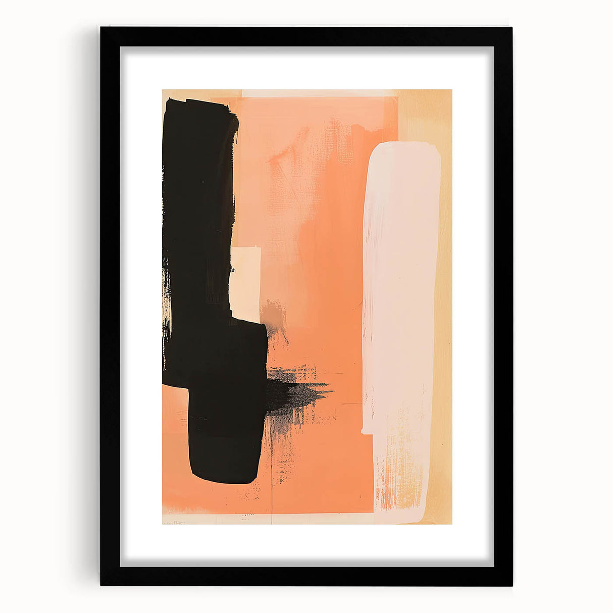Abstract minimalist wall art framed in black, showcasing a sleek design with a mat. Ideal for modern decor, this piece adds elegance to any room.